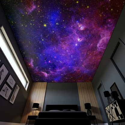 Peel and stick vinyl wallpaper showing a continuous starry night sky layout tailored for bedroom ceilings.