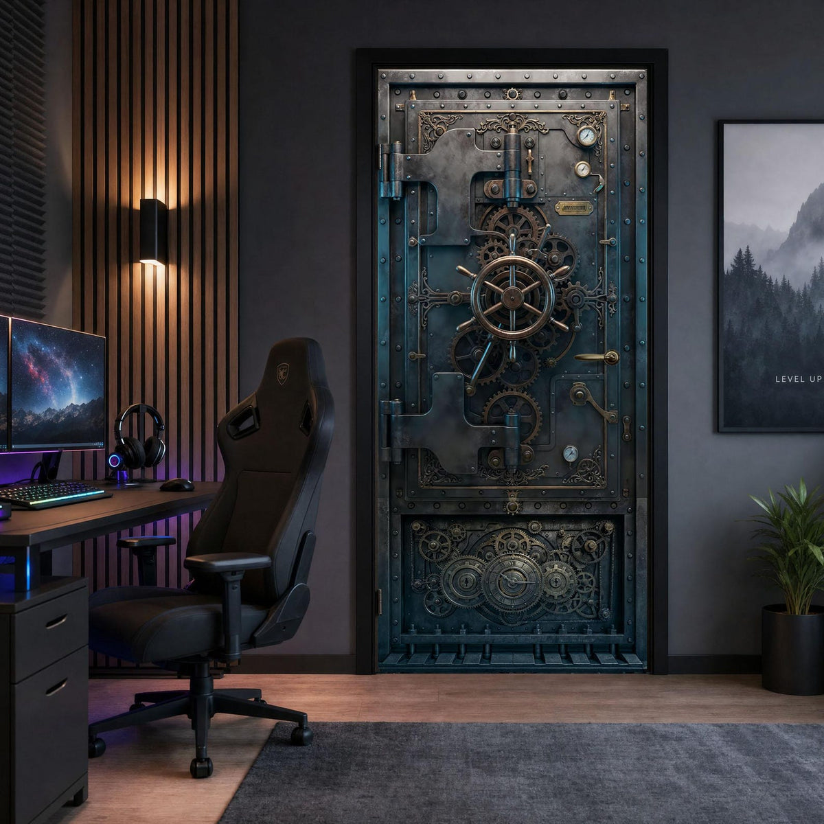 Antique vault door wrap with gears, a ship wheel, and brass-toned hardware, installed in a dark home office next to a desk, gaming chair, and framed wall art.
