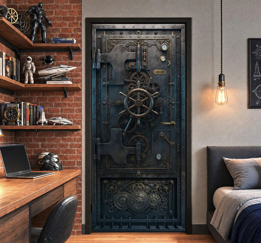 A large decorative steel steampunk door wrap with intricate gear and ship wheel motifs.