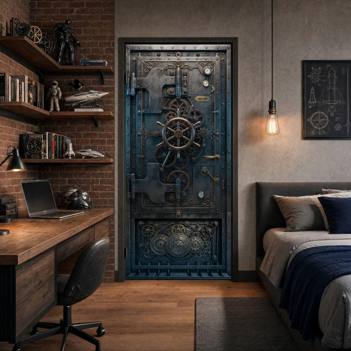 A large decorative steel door with intricate gear and wheel motifs, styled in a cozy industrial bedroom next to a desk and bed.