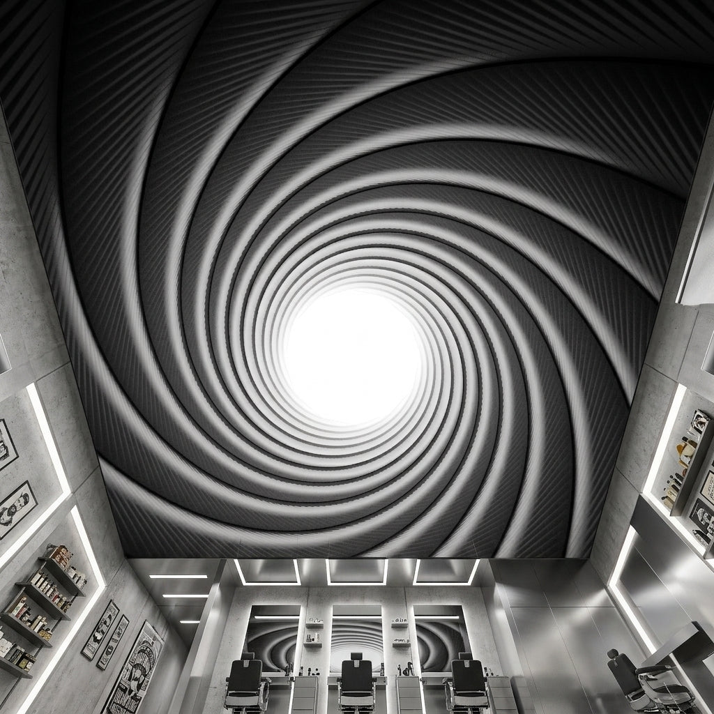 A black and white barbershop interior view looking upward from a salon floor toward a dramatic spiral ceiling design that resembles a gun barrel, with salon chairs and shelves visible below. 