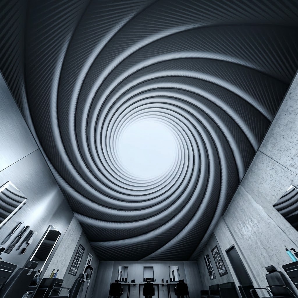 A dramatic interior space with a ceiling and walls featuring a large spiral gunmetal-and-white vortex design, with salon chairs and mirrors visible along the sides.