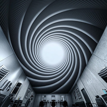 A dramatic interior space with a ceiling and walls featuring a large spiral gunmetal-and-white vortex design, with salon chairs and mirrors visible along the sides.