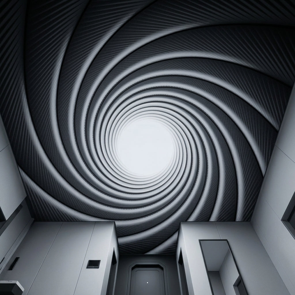 A dramatic architectural scene with a spiral tunnel or hallway opening up to a bright white center, rendered in grayscale tones with strong depth and symmetry.