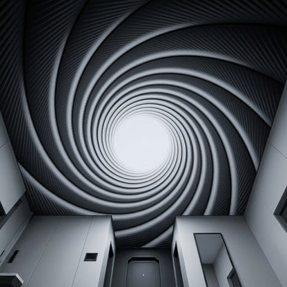 A dramatic architectural scene with a spiral tunnel or hallway opening up to a bright white center, rendered in grayscale tones with strong depth and symmetry.