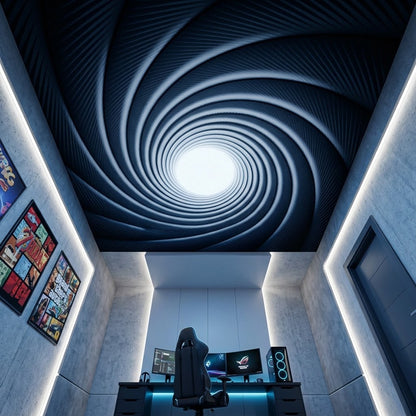 A modern home office or gaming room with a large wall mural depicting a black and white spiral tunnel effect on the ceiling.