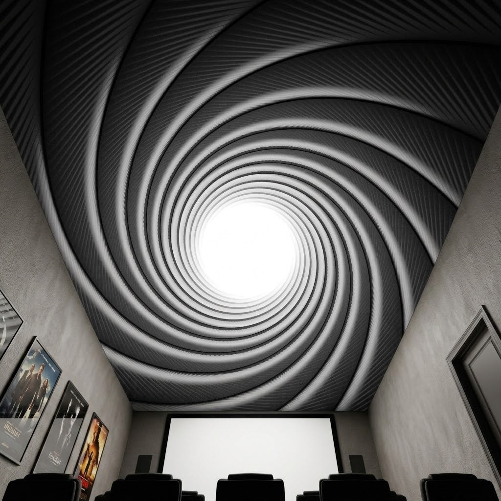 A movie theater or home theater interior with rows of dark seats facing a bright screen, looking upward at a ceiling designed to resemble the gun barrel spiral in black, gray, and white.
