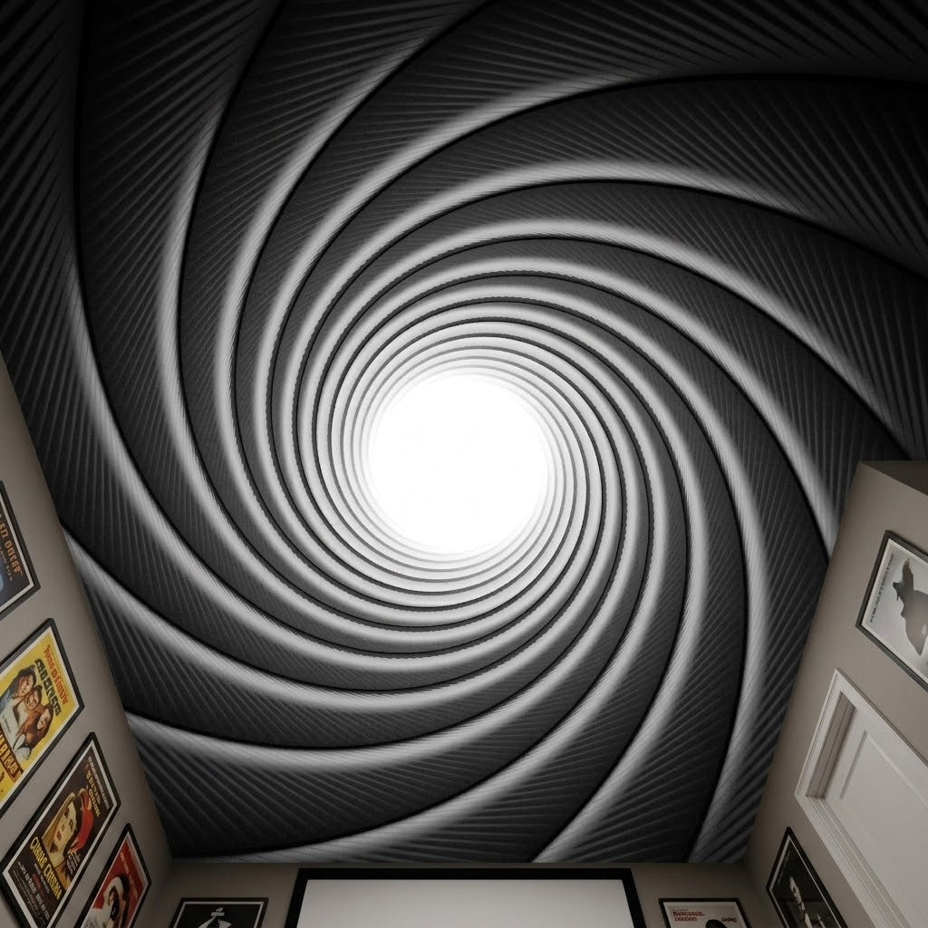 Detail of matte non-woven ceiling mural displaying smooth black and white spiral gradient.