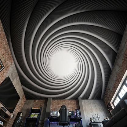 Modern man cave room ceiling styled with a monochromatic 3D tunnel wallcovering.