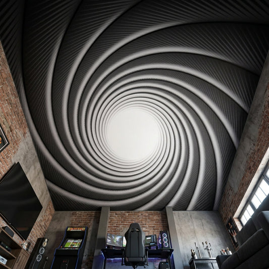 Modern man cave room ceiling styled with a monochromatic 3D tunnel wallcovering.
