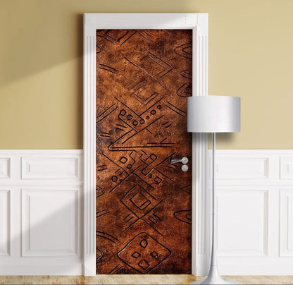 Tribal Symbols Leather Door Wrap Peel and Stick Brown Mural