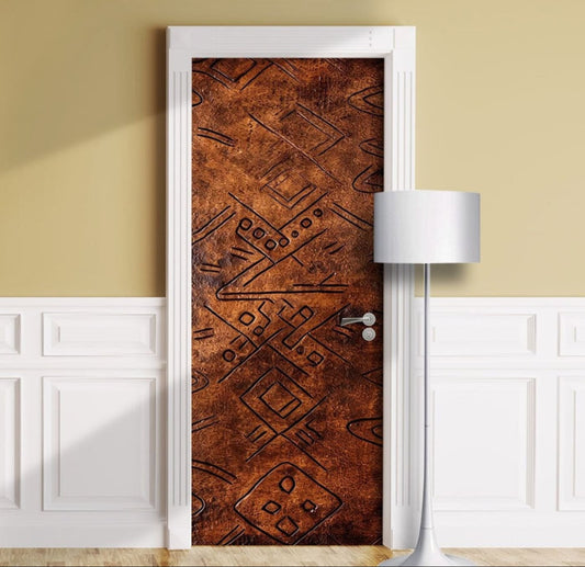 Tribal Symbols Leather Door Wrap Peel and Stick Brown Mural