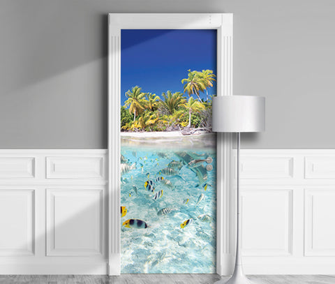 Ocean Beach with Palms, Tropic Underwater Life, full door sticker mural, self-adhesive, single piece