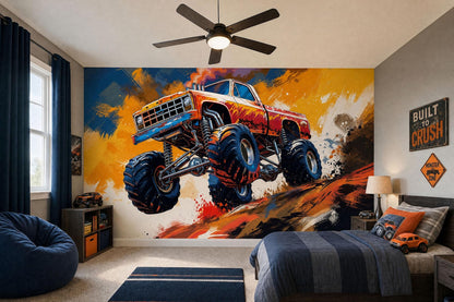 Action monster truck photo wall mural installed on a boys bedroom accent wall