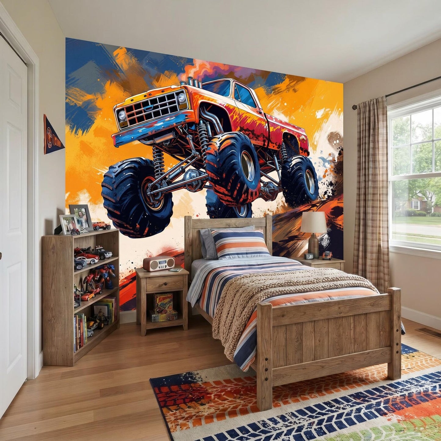 Big wheel lifted truck photo backdrop in a modern kids playroom