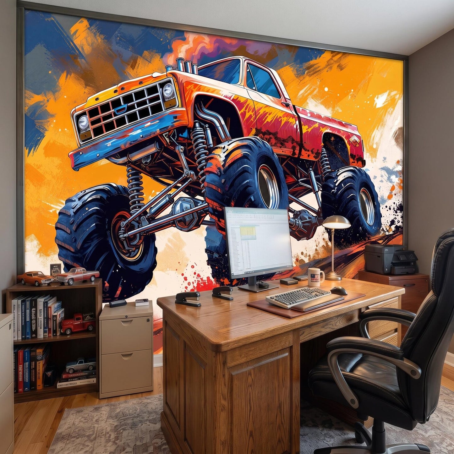Vibrant watercolor off-road truck wallpaper with orange and blue paint splashes