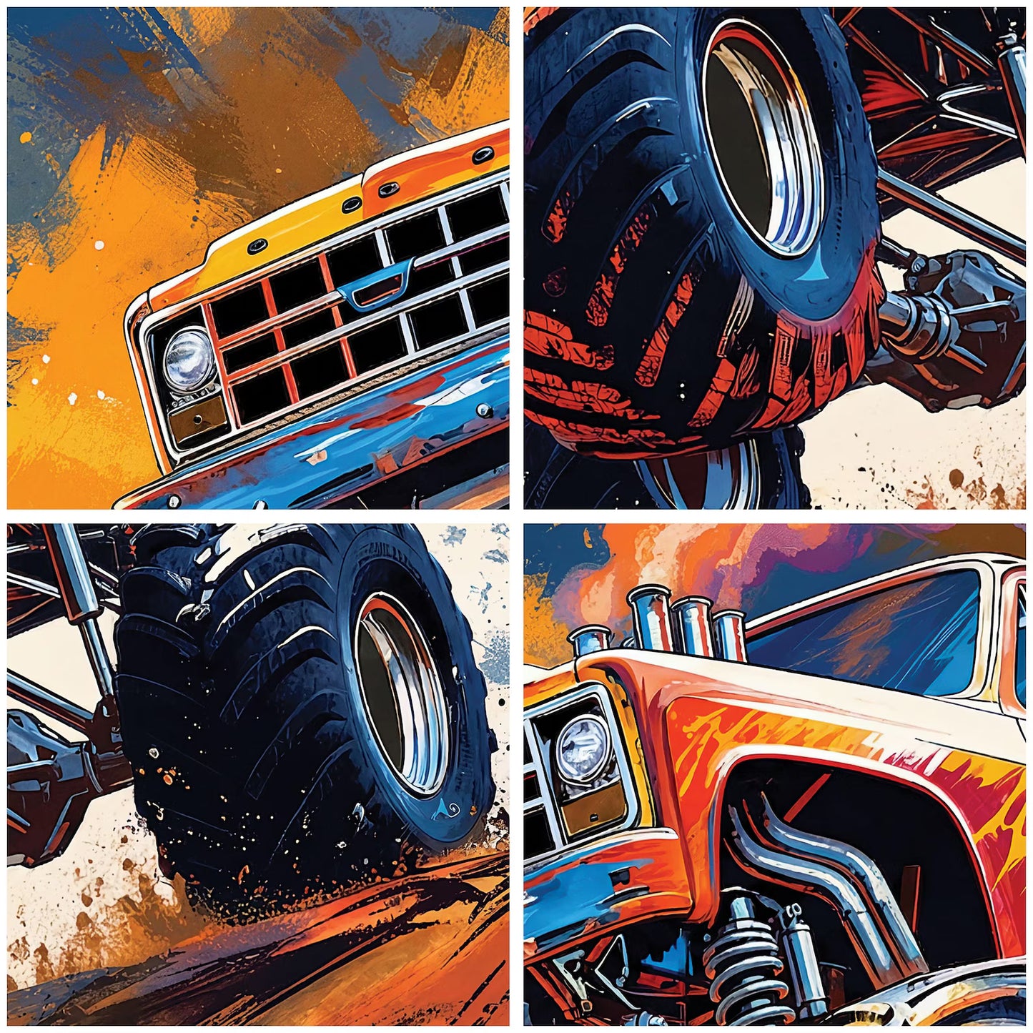 Close up detail of watercolor dirt splash and monster truck tires printed on matte vinyl