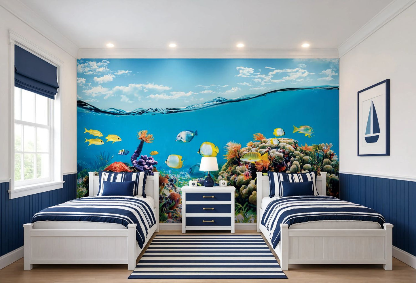 Tropical ocean fish wallpaper featuring colorful corals and clear turquoise water