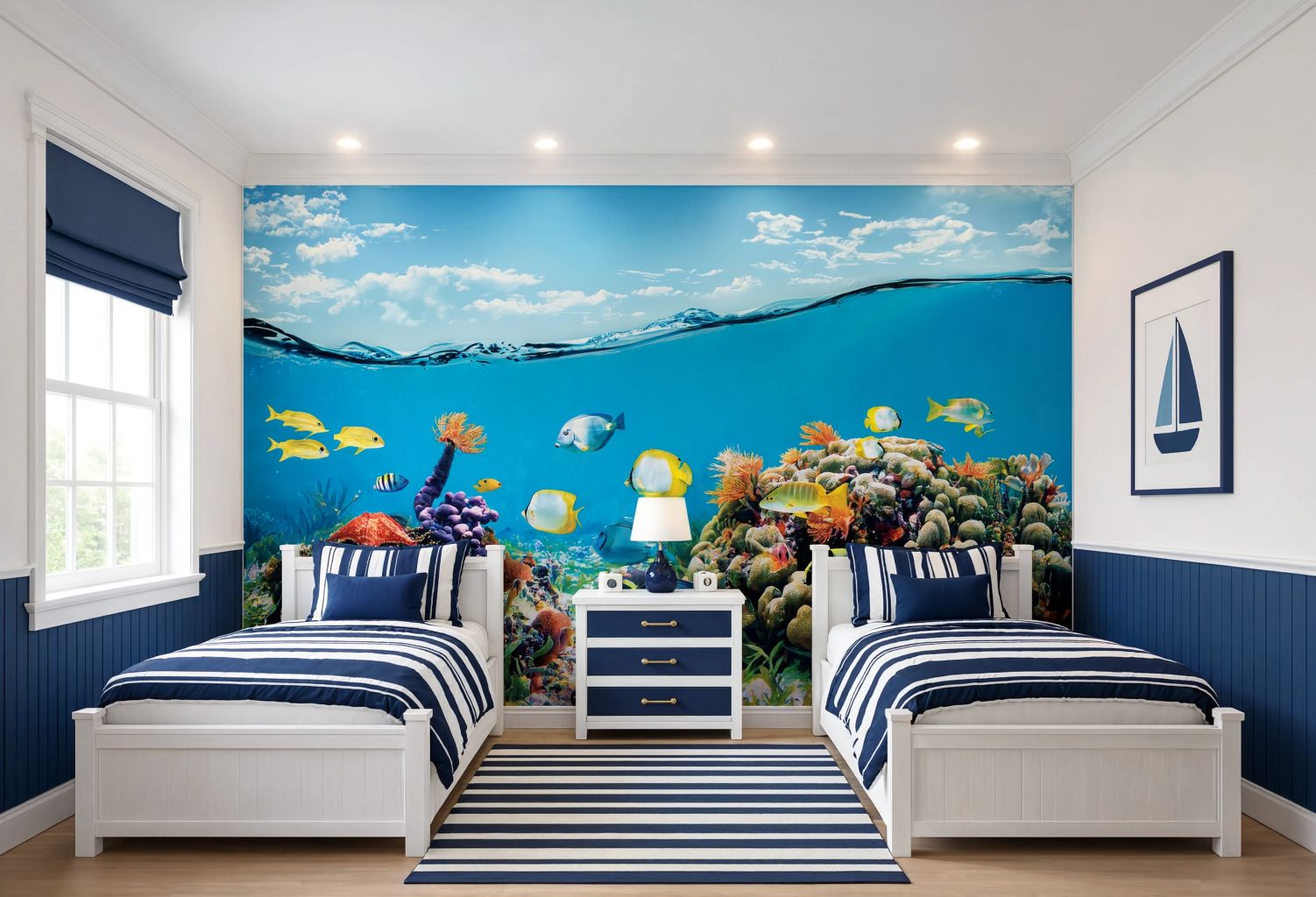 Tropical ocean fish wallpaper featuring colorful corals and clear turquoise water