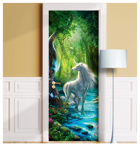 Magic Unicorn, Fantasy Forest, full door sticker mural, self-adhesive, single piece