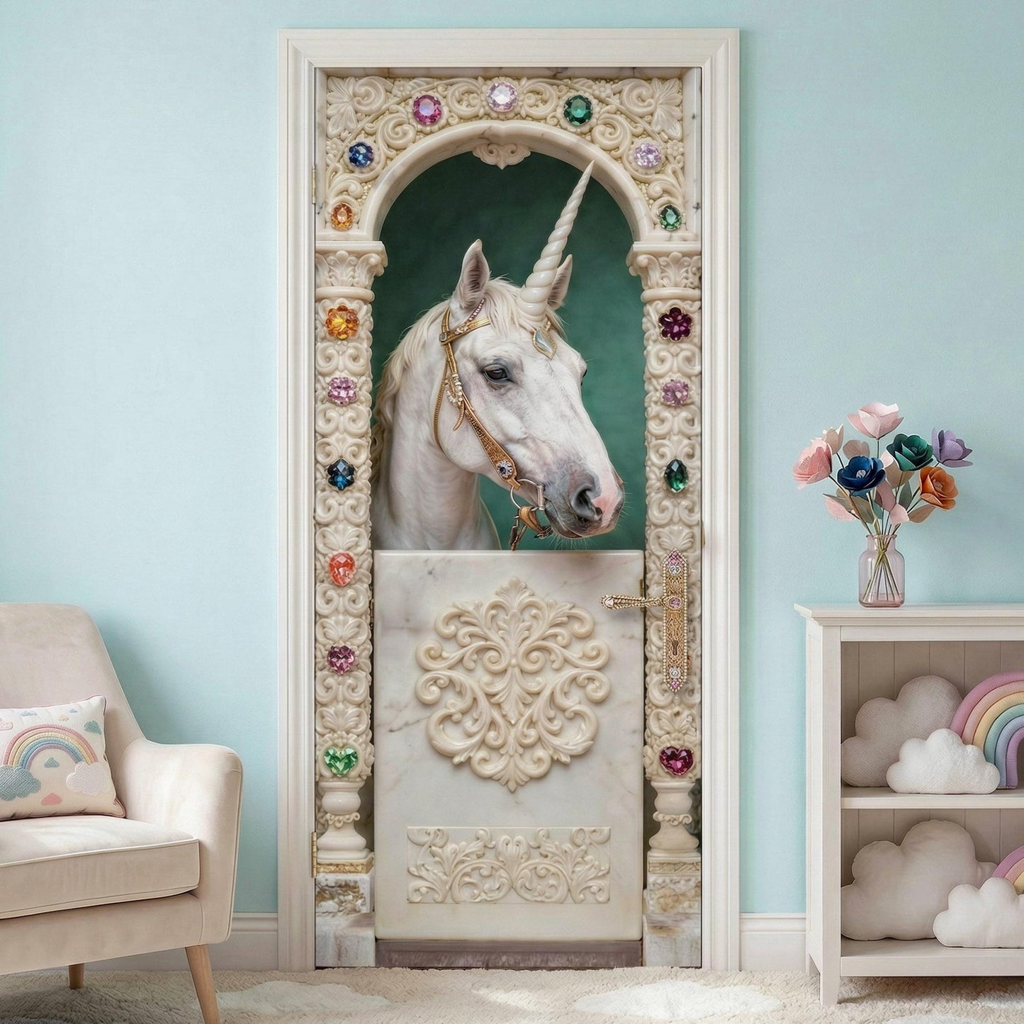 Decorative door with unicorn design