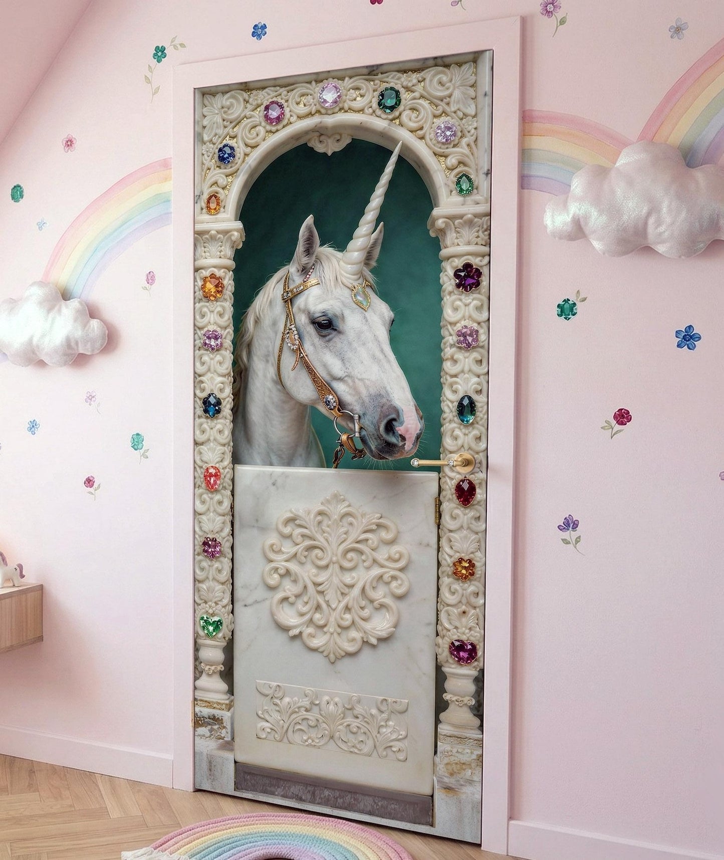 Decorative unicorn door with gemstones in a child's room with pink walls and rainbow decorations.