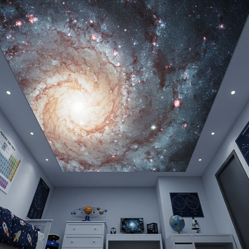 Spiral galaxy ceiling mural with a bright glowing core and deep blue cosmic dust.