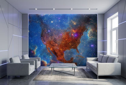 Galactic USA map wall mural showing glowing amber nebulas and brilliant star clusters on a deep blue cosmic background. For Living rooms.