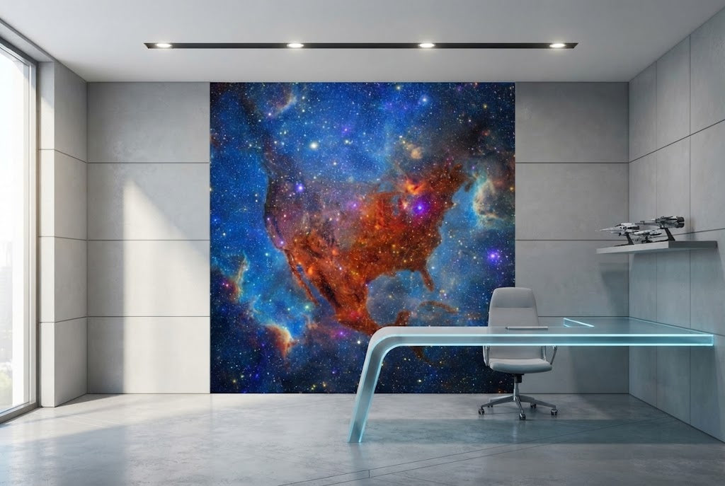 Galactic USA map wall mural showing glowing amber nebulas and brilliant star clusters on a deep blue cosmic background.
