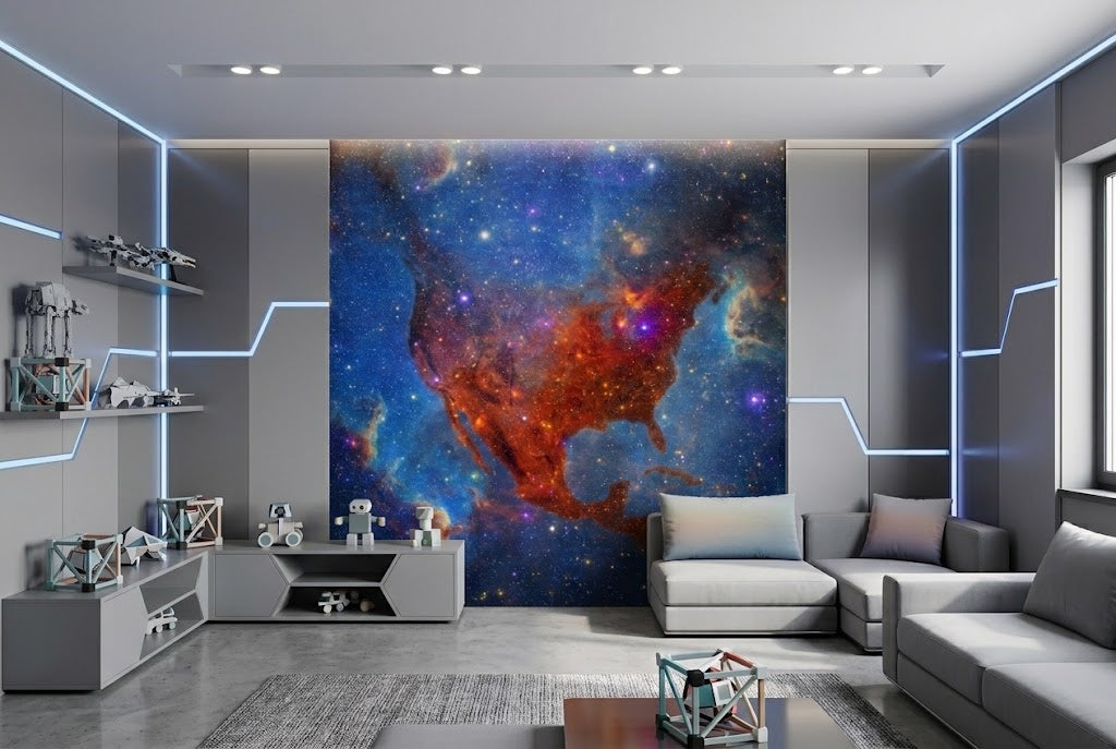 USA map wall mural. A modern living room with a large wall mural depicting a vibrant nebula in space, featuring deep blues, reds, and oranges. The room is styled with gray sofas, a white sideboard, and blue LED accent lighting.