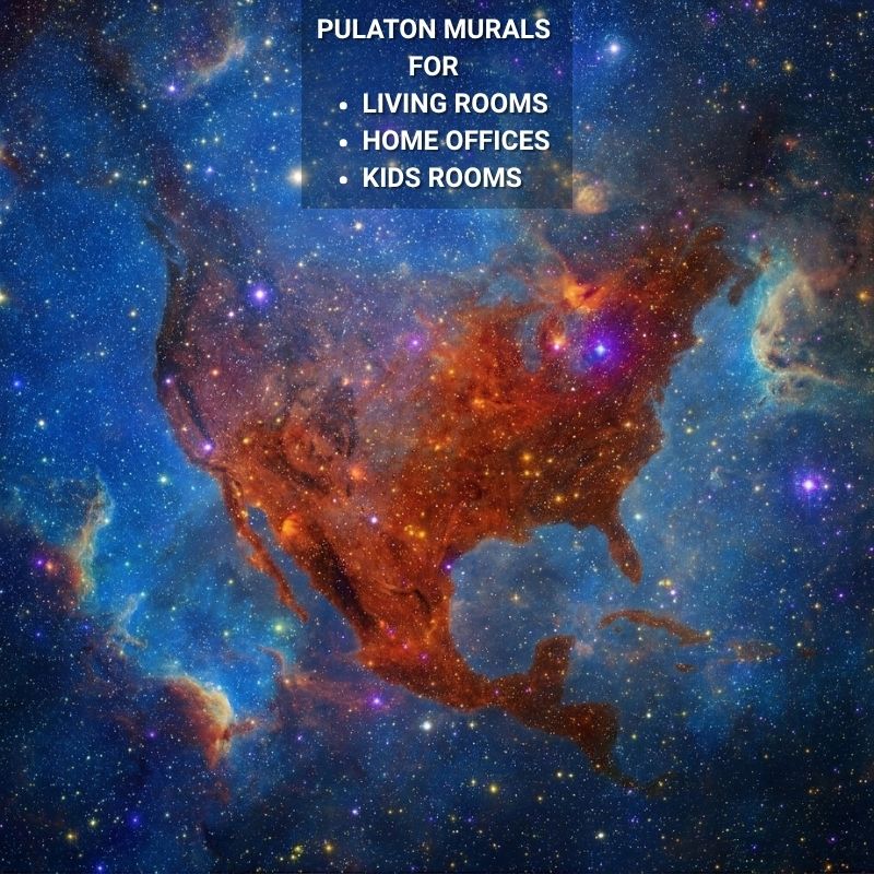 A colorful space-themed wall mural featuring a starry blue and orange nebula with a USA map silhouette, plus white text reading 'PULATON MURALS FOR LIVING ROOMS HOME OFFICES KIDS ROOMS'.