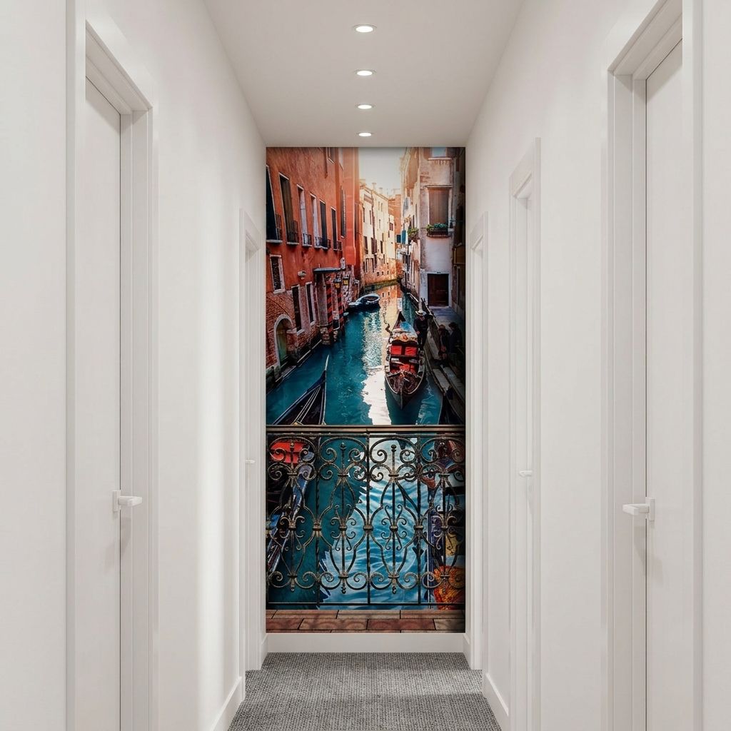A long white hallway with a large wall mural depicting a Venice canal scene with gondolas and colorful buildings, viewed from above.