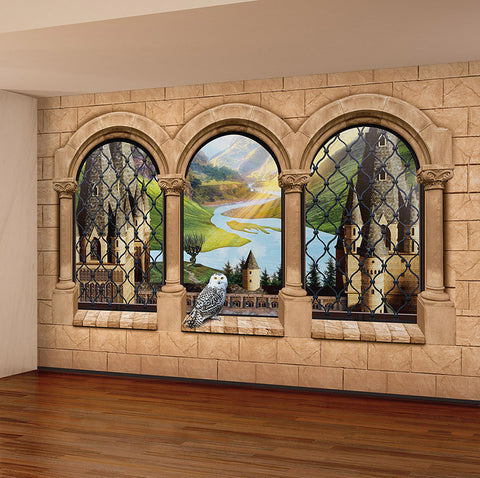 Wizards Castle - Removable Wall Mural, Peel and Stick Decal, Nonwoven Wallpaper or Fabric Backdrop. Landscape View from the Inside. Balcony with Snow Owl. Gothic Terrace