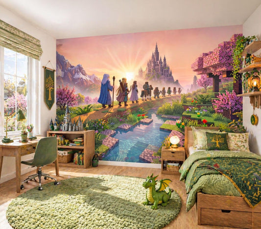 Children's bedroom with fantasy mural in a voxel style