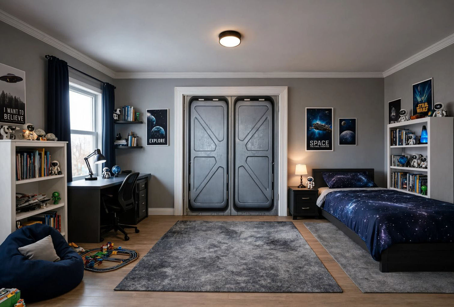A modern boy's bedroom styled with a space theme, featuring gray double doors designed to look like cargo containers, a starry blue bedding set, white bookshelves, and a gray area rug on a light wood floor.