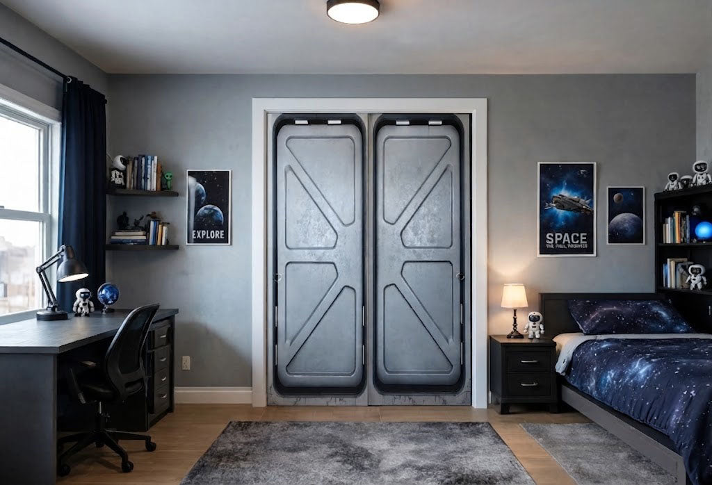 A bedroom styled in a sci-fi space theme, featuring a pair of double doors with a metallic gray spacewalk design in the center.
