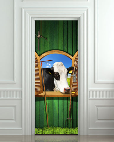 Cow, village farming door sticker mural 30"x80" (77x203cm), self-adhesive, single piece