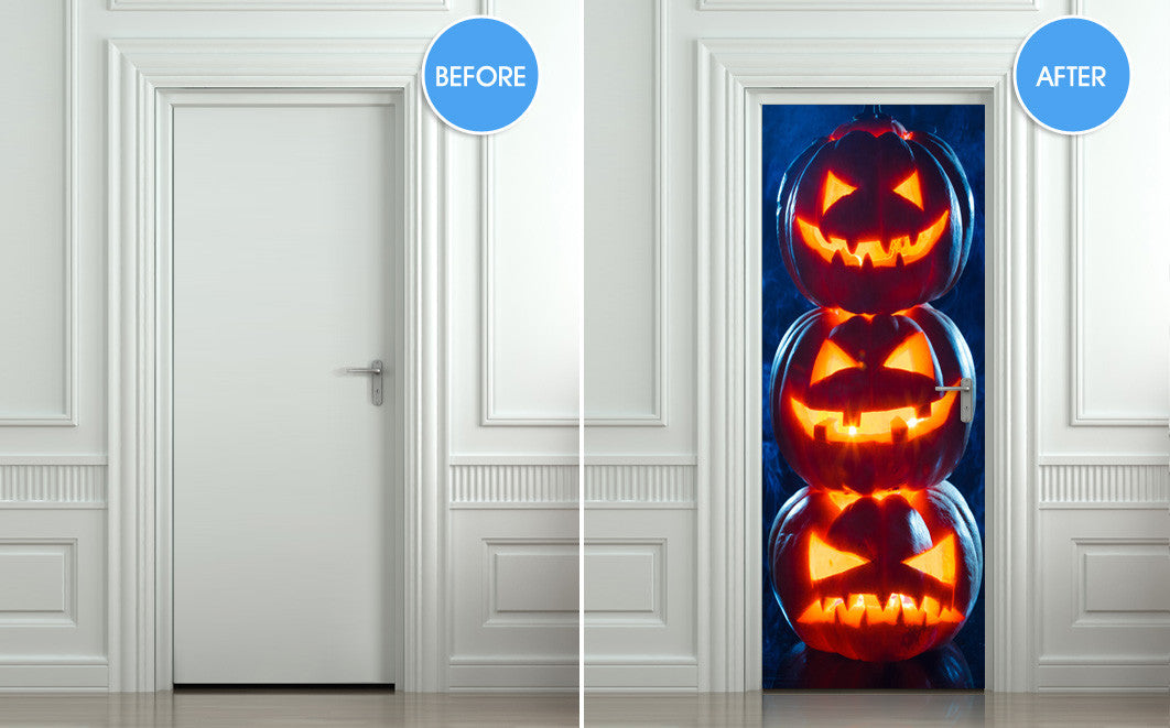 Door Wall STICKER halloween pumpkings mural, self-adhesive, single piece 30"x80" (77x203cm)