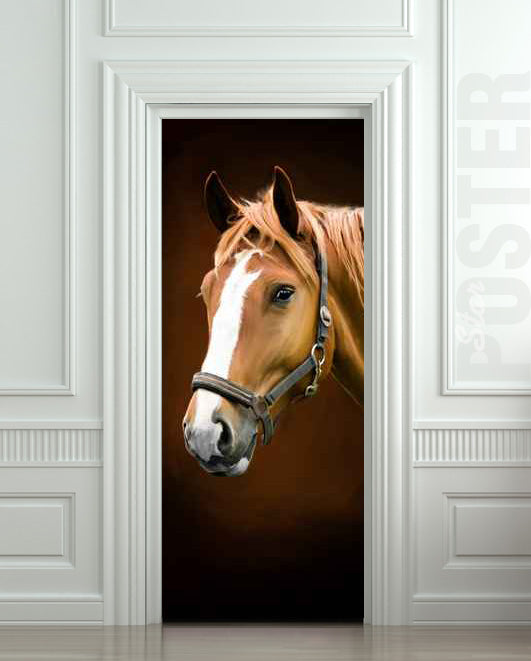 Brown horse in a stable stall door mural, self-adhesive, single piece