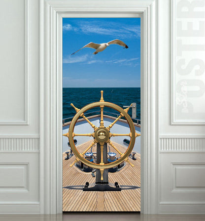 Old ship with steering wheel in the sea with blue sky and flying bird