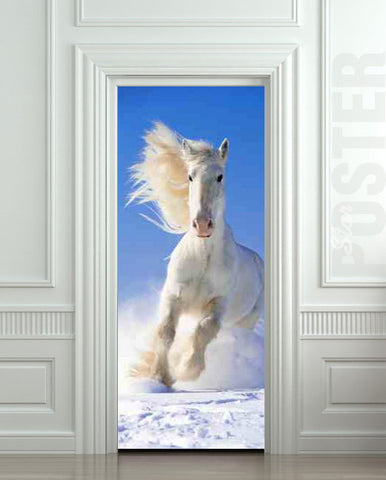 Door STICKER snow horse mare mustang hoof ride mural decole film self-adhesive poster 30"x79"(77x200 cm) - Pulaton stickers and posters
