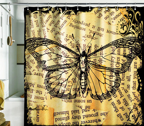 Bath Shower Curtain butterfly newspaper art nature grunge gold - Pulaton stickers and posters
