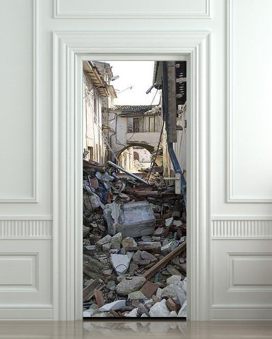 Door STICKER fragments splinters rescuer ruins mural, self-adhesive, s ...
