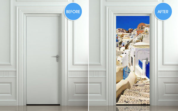 Door STICKER Greek Greeck town streets travel mural decole film self-adhesive poster 30"x79"(77x200 cm) - Pulaton stickers and posters
 - 2