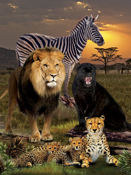 Bath Shower Curtain Savannah Predators - Sunset, Lion, Cheetah, Zebra, Panther. 60"x80"