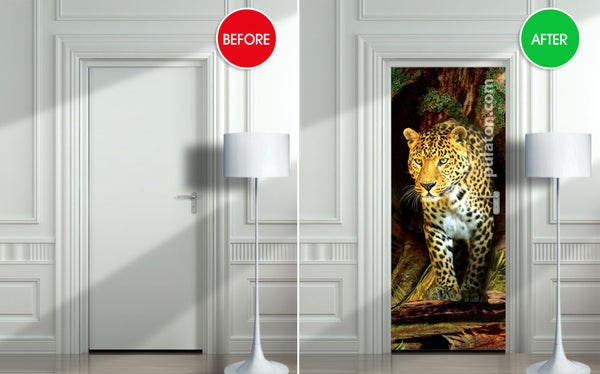 Door STICKER mural leopard jaguar - Jungle cover, wrap, cling, decole, poster. ONE PIECE. All door sizes