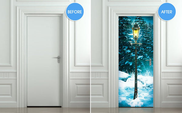 Door STICKER mural lamp post - Winter fantasy forest, wrap, cling, decole, poster. ONE PIECE. All door sizes