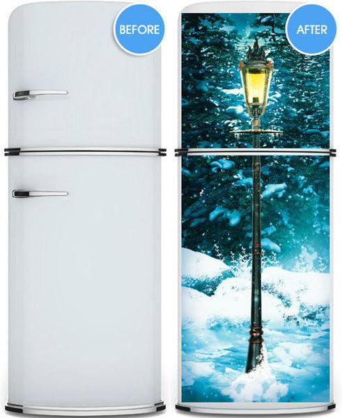Door STICKER mural lamp post - Winter fantasy forest, wrap, cling, decole, poster. ONE PIECE. All door sizes