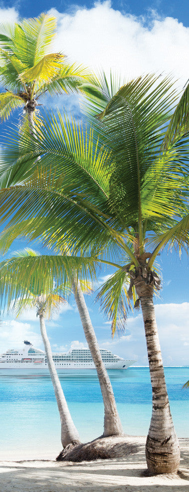 Ocean beach, scene, seaside, palms, ship, sea, door mural, self-adhesive, single piece 30"x80" (77x203cm)