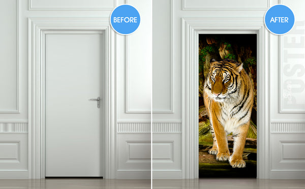 Door STICKER mural tiger - Jungle cover, wrap, cling, decole, poster. ONE PIECE. All door sizes
